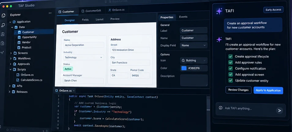 TAF Studio with the application explorer, the Customer entity in the designer and a C# script in the editor