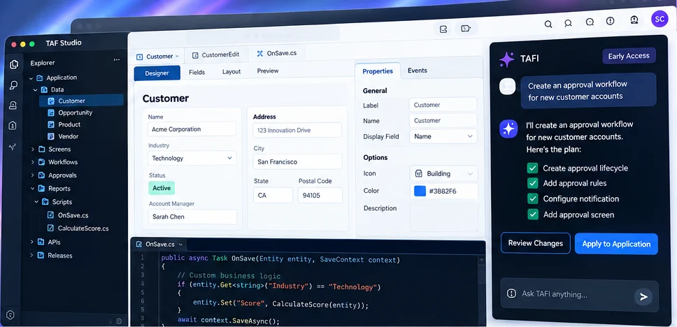 TAF Studio with an entity open in the designer, a C# script below it and TAFI proposing a plan in the side panel