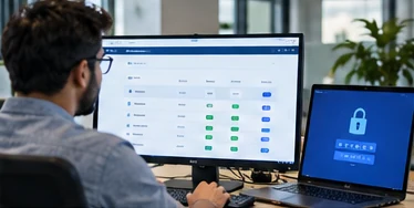 An IT administrator reviewing a grid of users and roles on a wide monitor, with a laptop beside him showing a locked sign-in screen