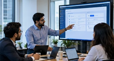A delivery lead presenting an application on a large screen to two client stakeholders across a conference table