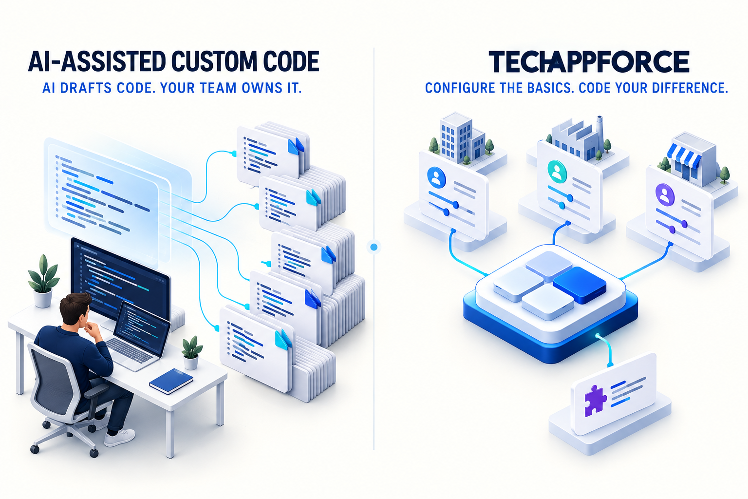 AI-assisted custom code drafts become a growing stack the team owns; TechAppForce provides a shared configurable foundation, with code reserved for unique product features.