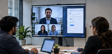 Two people in a meeting room taking notes during a video call, with a product demo shared on the large display
