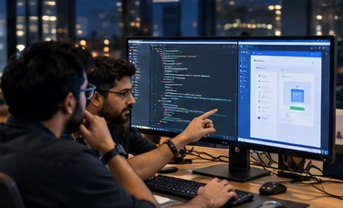 Two developers pair-programming at night at a wide monitor, code on one side and an application preview on the other, city lights outside