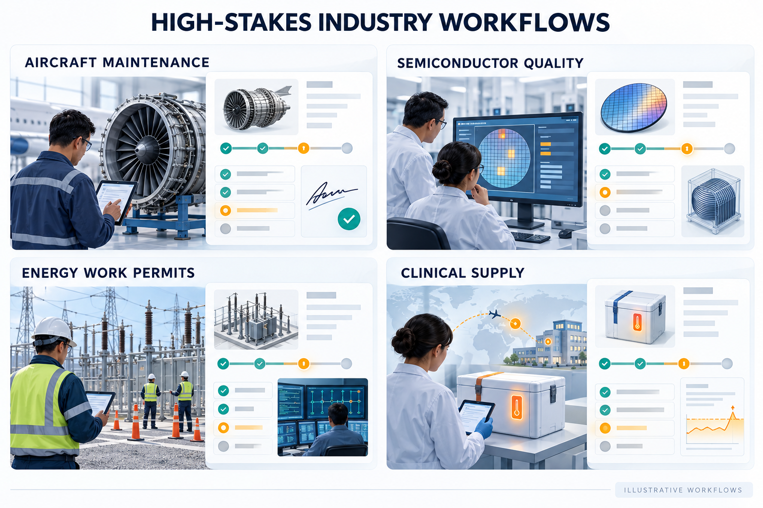 Four illustrative enterprise workflows: aircraft maintenance inspection, semiconductor lot review, energy work permits and clinical supply exception handling.