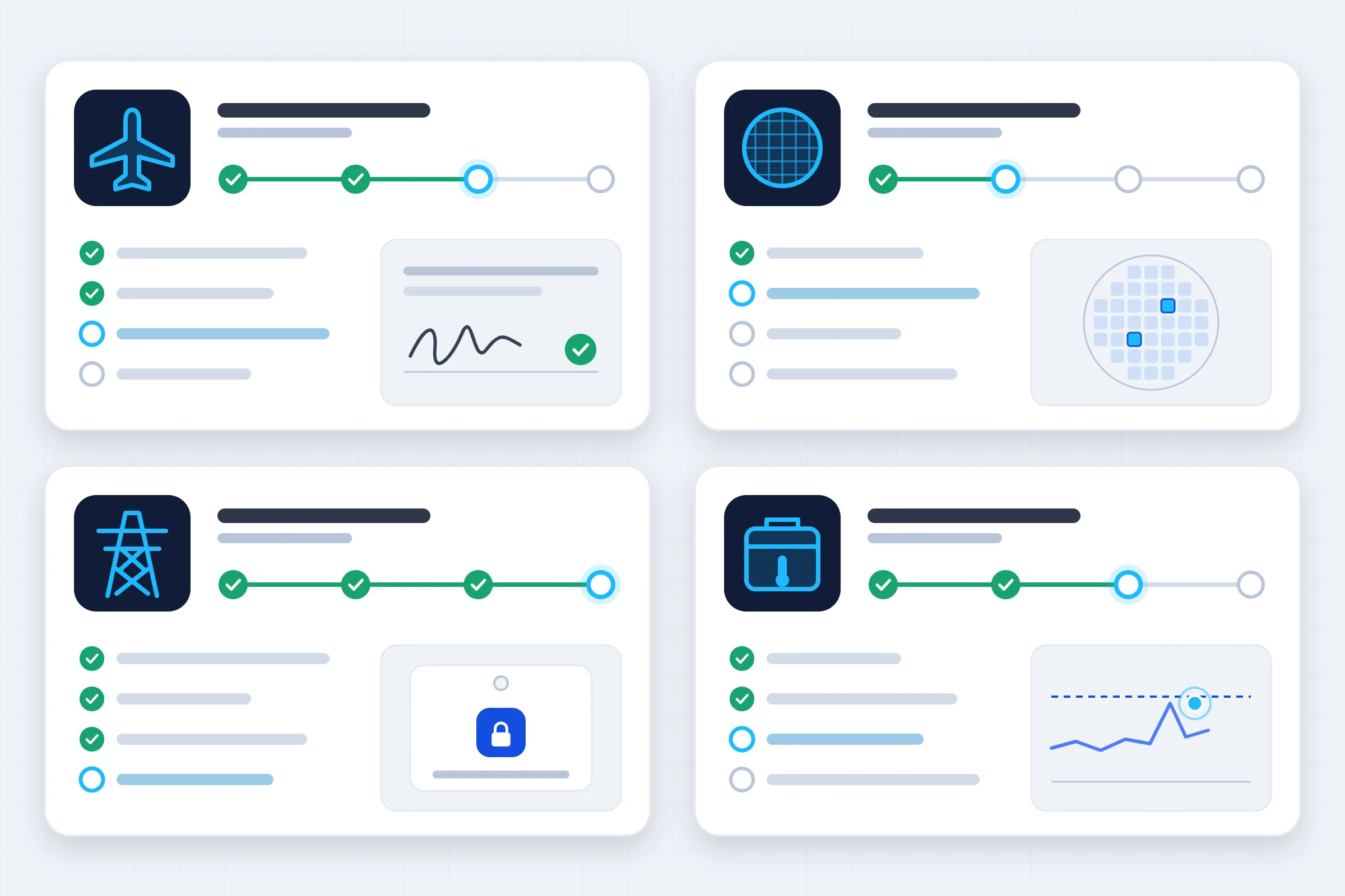 Four illustrative enterprise workflows: aircraft maintenance inspection, semiconductor lot review, energy work permits and clinical supply exception handling.