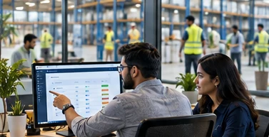 An operations manager and a colleague reviewing purchase requests on a monitor, with a logistics floor visible through a glass wall