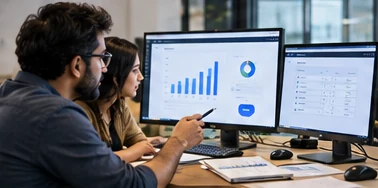 Two finance colleagues comparing a bar-chart report on one monitor with a table of figures on a second screen