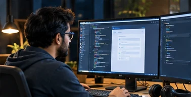 A developer at a two-monitor desk in the evening, working in a dark-theme development environment with a file tree and a form designer on screen