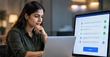 A product owner thinking over a step-by-step plan on a laptop, beside a screen showing a checklist with green ticks and a confirm button